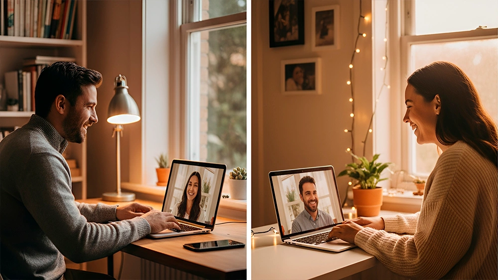 man and woman smiling during video chat