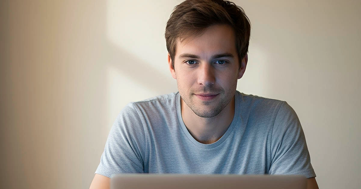 eye contact video chats — confident man looking into webcam for better digital presence