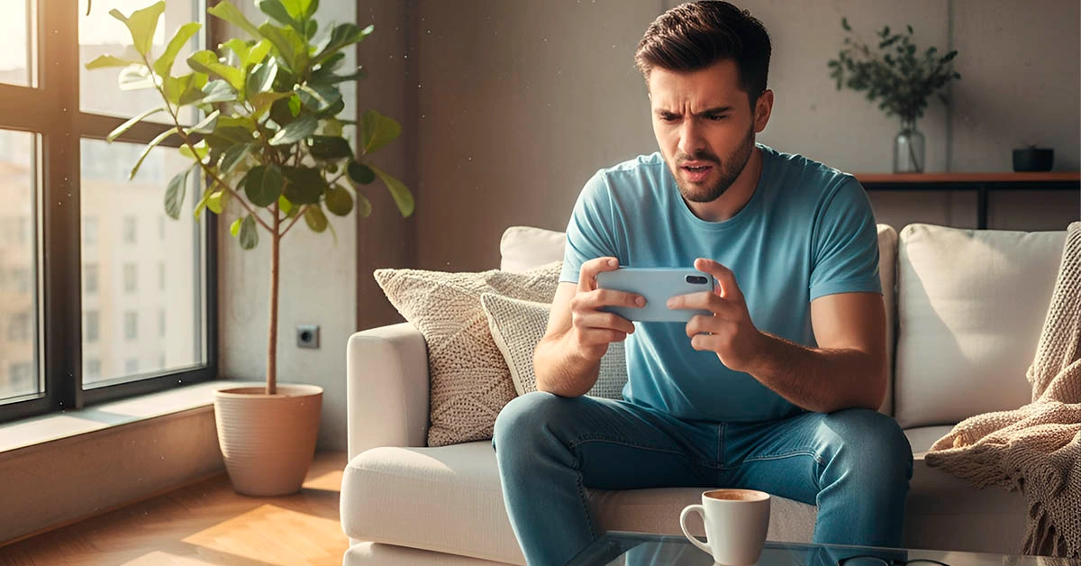 Young man texting with a puzzled expression in a modern cozy room, natural daylight