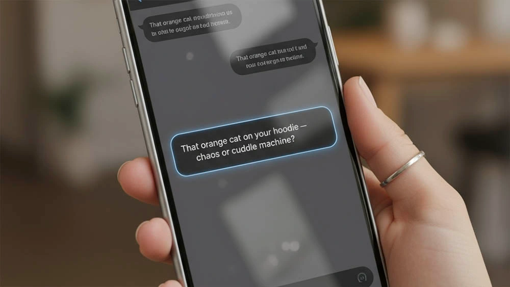 Dating chat app dark mode with opener: That orange cat on your hoodie — chaos or cuddle machine?