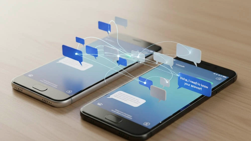 Two smartphones exchanging messages; last message: Haha, I need to know your answer!