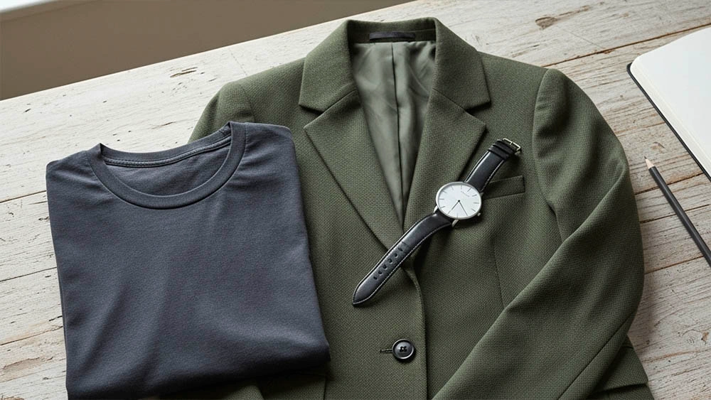 style hacks men online — flat lay with shirt, jacket, and watch