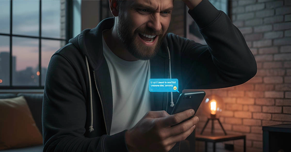 online chat red flags — frustrated man after sending needy compliments