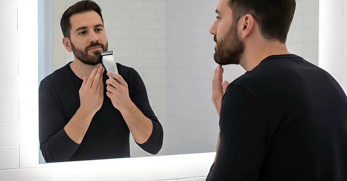 grooming routine men 2025 — trimming beard in the mirror for a clean camera look