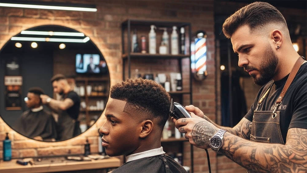barber styling a natural fade — soft transition that looks good on camera