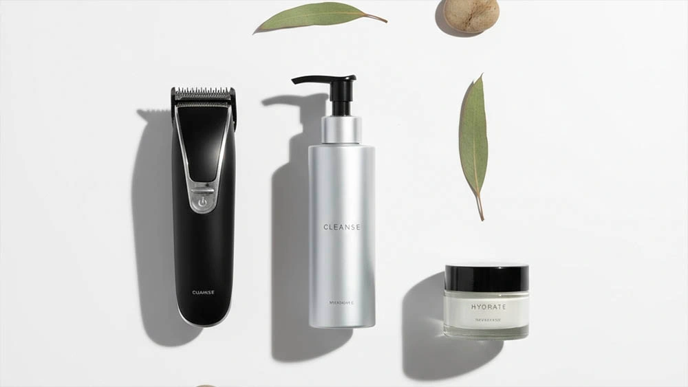 minimalist grooming kit — trimmer, cleanser, gel moisturizer