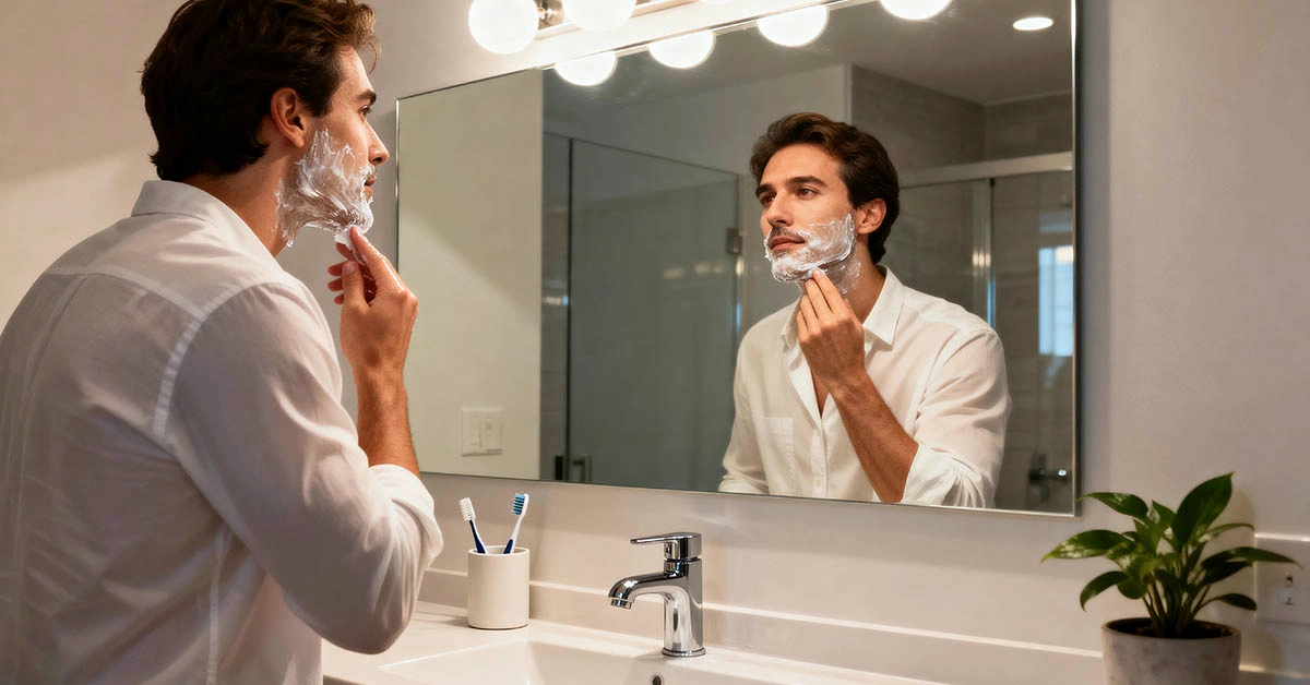 Man applying moisturizer under beard in bathroom mirror Man applying moisturizer under beard in bathroom mirror