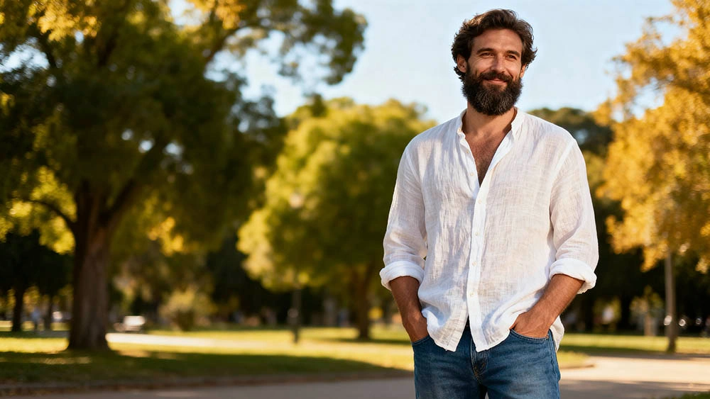 Man smiling confidently with well-groomed beard outdoors Man smiling confidently with well-groomed beard outdoors