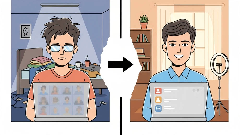 video call setup 2025 comparison bad vs ideal video call setup split screen