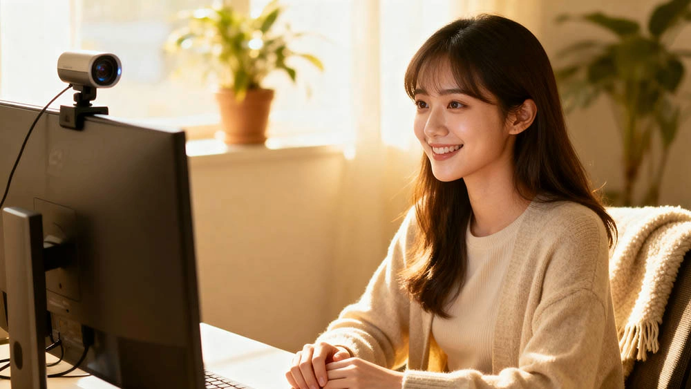 upright posture strong eye contact confident video call setup