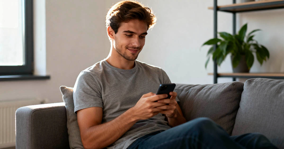 Young man texting confidently — texting red green flags 2025 explained