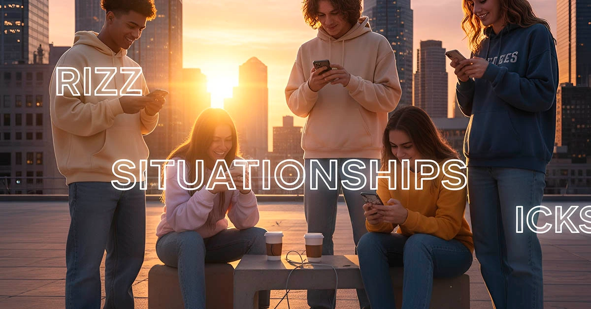 Young people texting with modern dating slang 2025 terms like Rizz and Situationships
