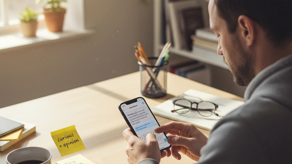 Over-the-shoulder view: man typing message 2 and 3 of the five-step framework