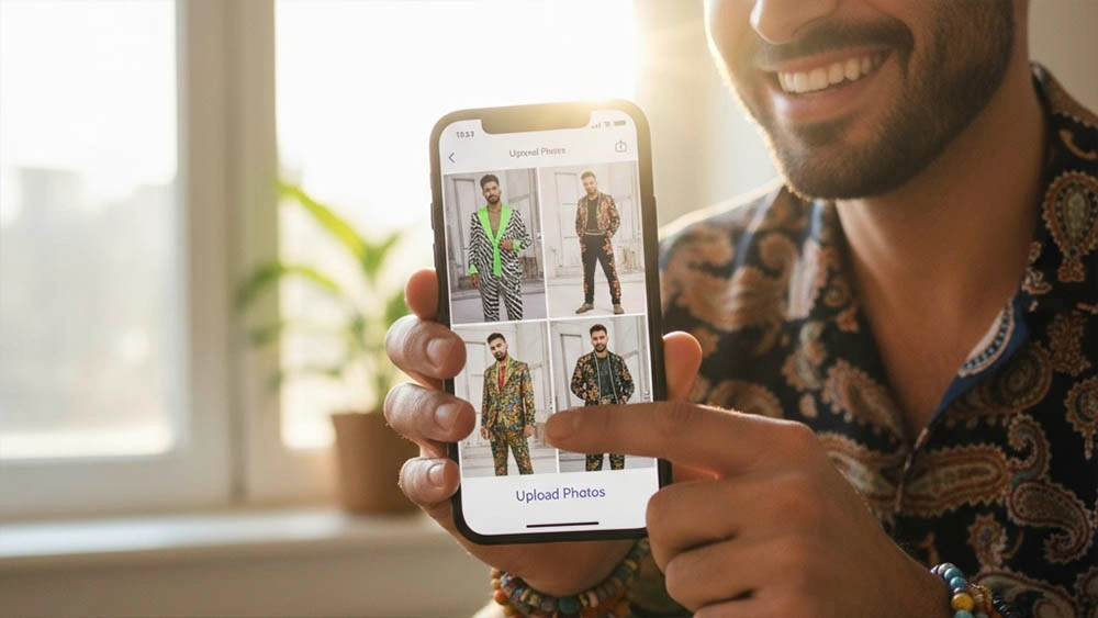 Man updating online dating profile with bold authentic photos