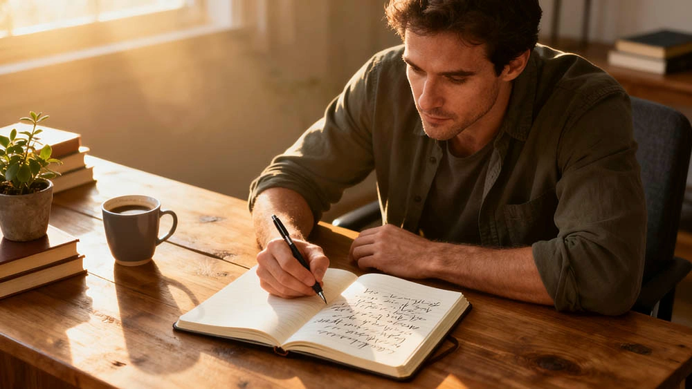 Daily journaling ritual for confidence Man writing in journal as daily confidence anchor ritual