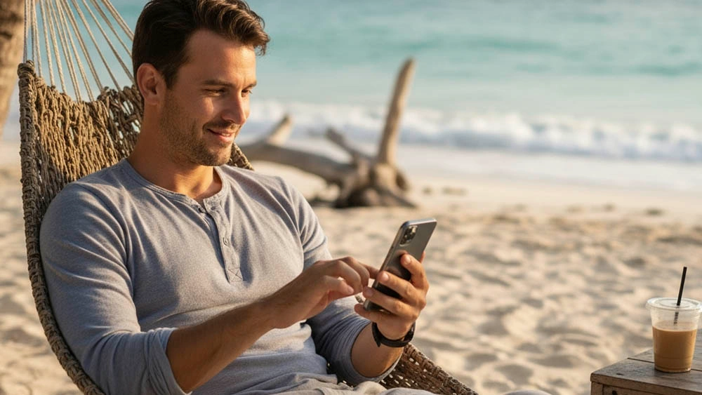 Balanced texting style in slow dating Man replying calmly to messages without rush