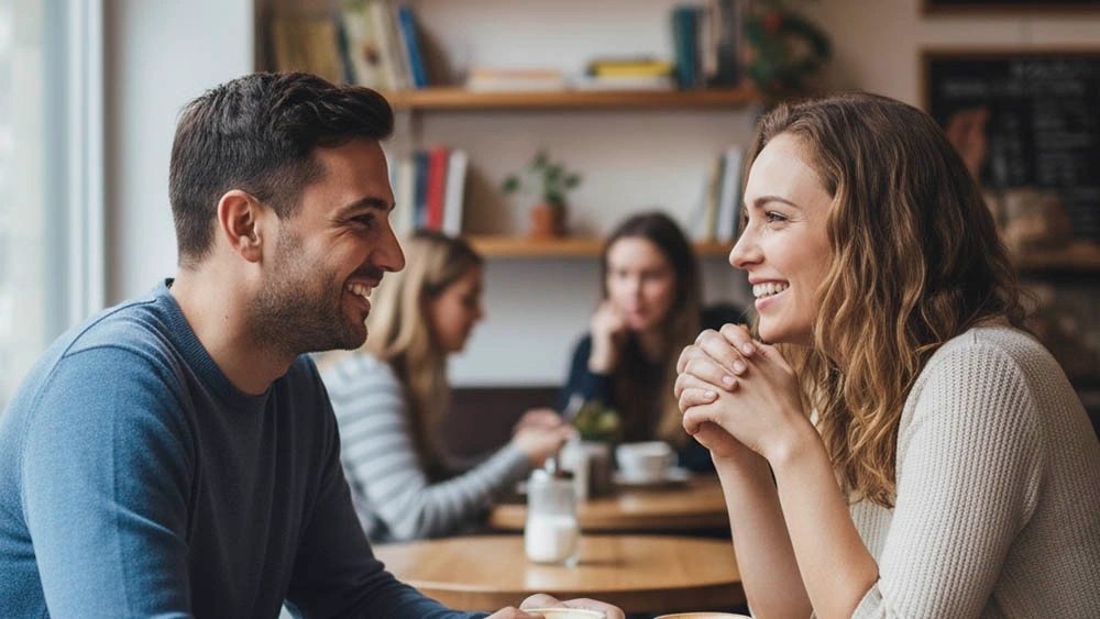 Slow dating transition from text to real meeting Two people smiling over coffee representing offline slow dating