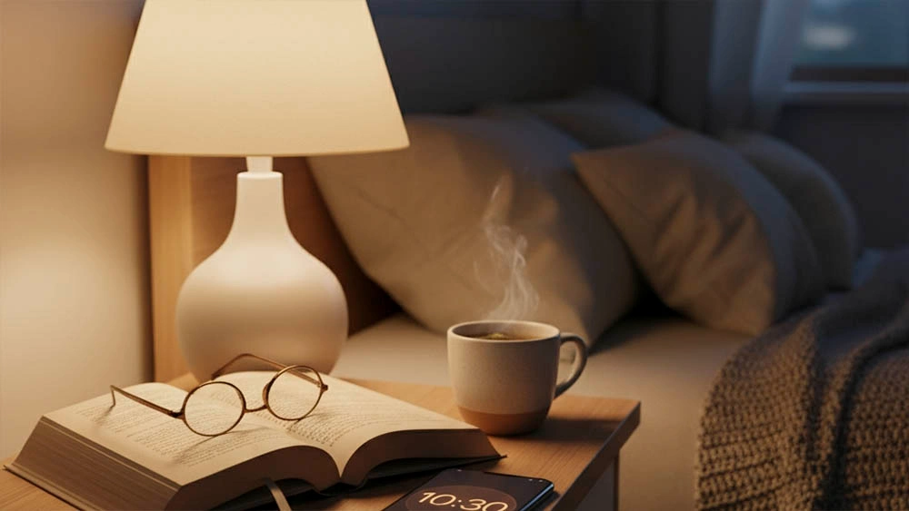 Screen time habits for sleep Phone with blue light filter next to bed for better sleep