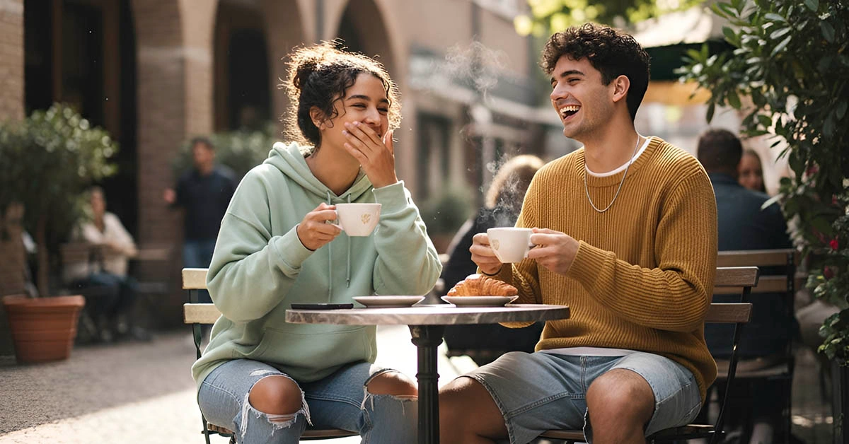 Gen Z couple on a short casual coffee mini date outside café, micromance concept