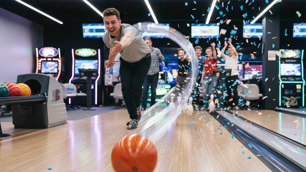 Casual daylight activity two people bowling mini date