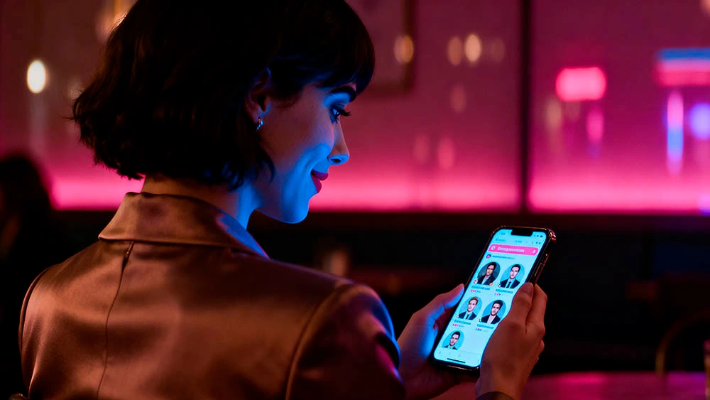 woman checking verified dating profile neon glow