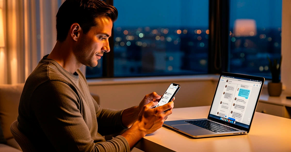 year end dating review for men — man scrolling through chats and dates at night, calm and focused