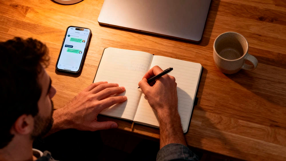 man journaling his year end dating review for men at a cozy table with phone and notebook