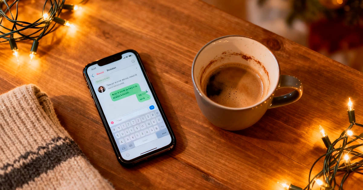 holiday texting with a girl — guy texting on his phone under warm holiday lights, calm and confident