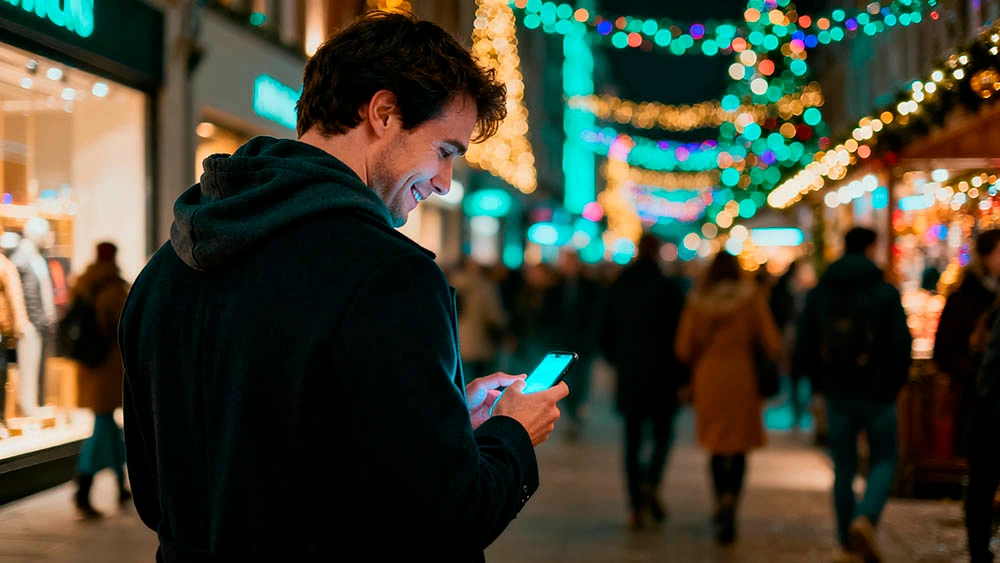 guy smiling at his phone while walking through city holiday lights, enjoying a warm text exchange