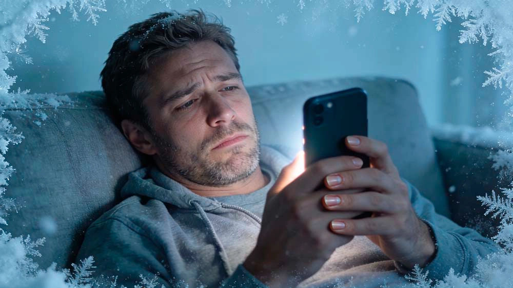 1-on-1 video chat: tired man doomscrolling in a cold frosty mood before a real conversation