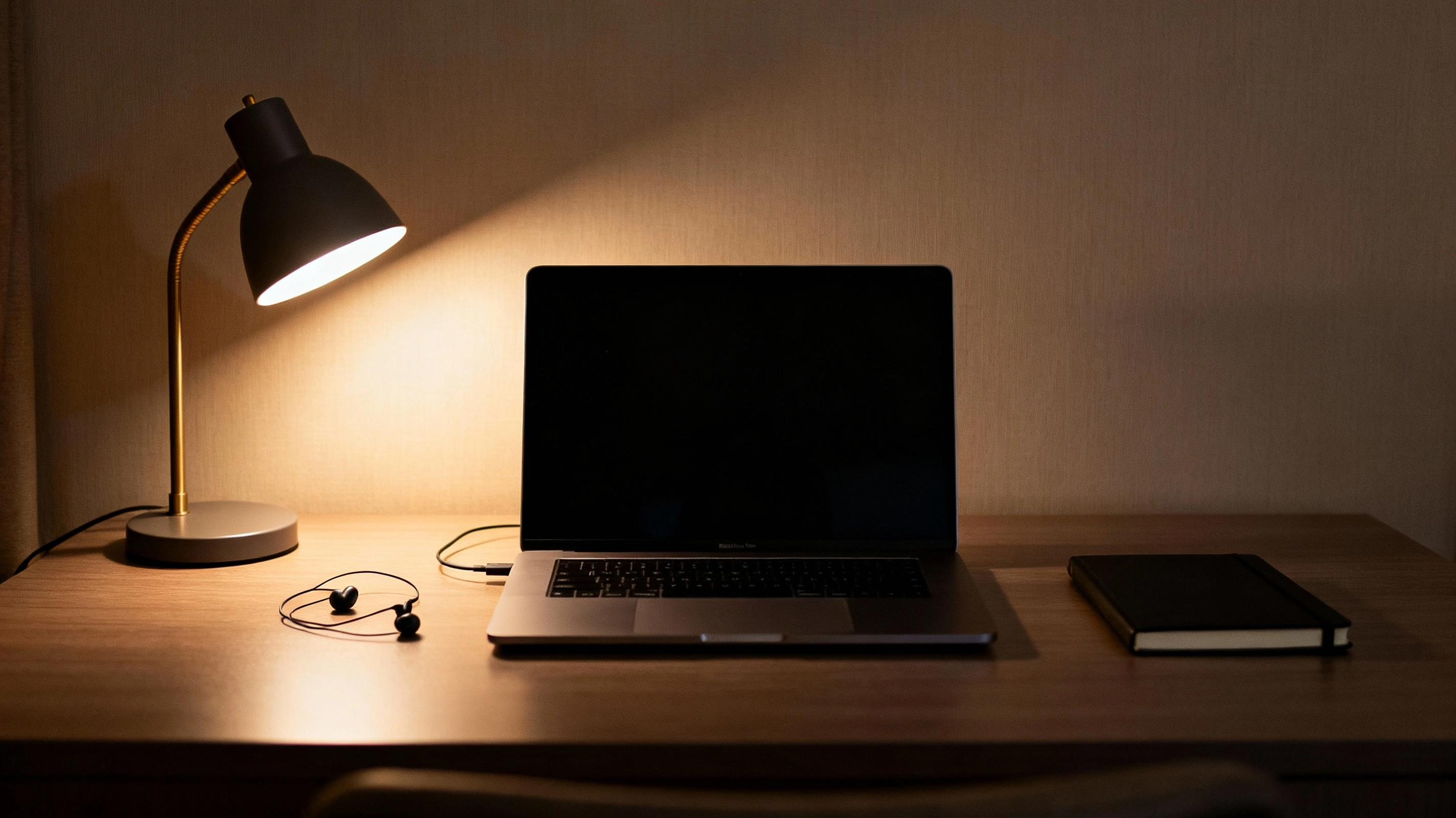 Travel video date setup on a simple hotel desk travel video date setup — cozy hotel desk with laptop, soft lamp light and simple background ready for a video date