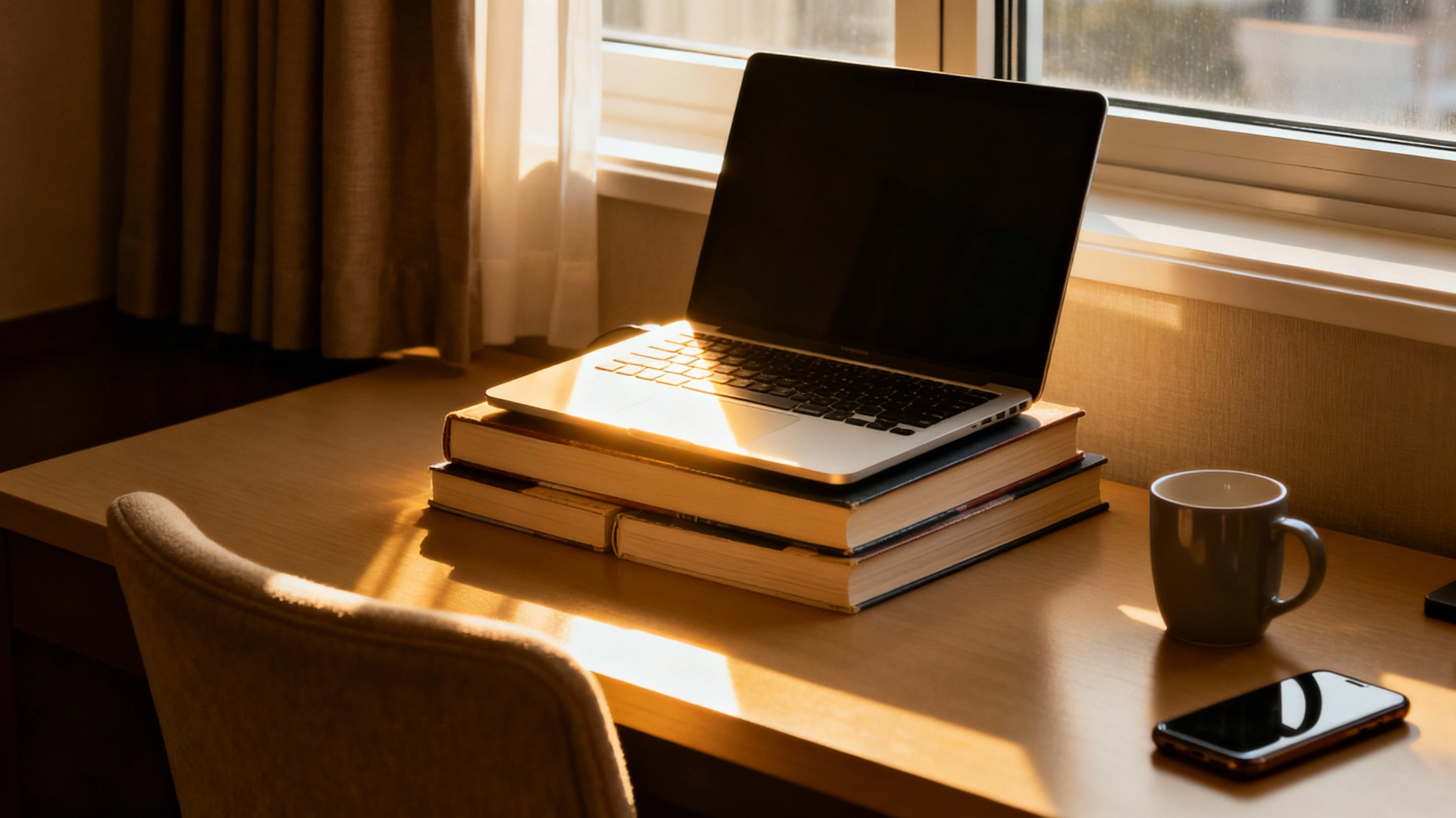 Using a window and books for better video call lighting laptop on a stack of books near a hotel window, simple travel lighting setup for a video date