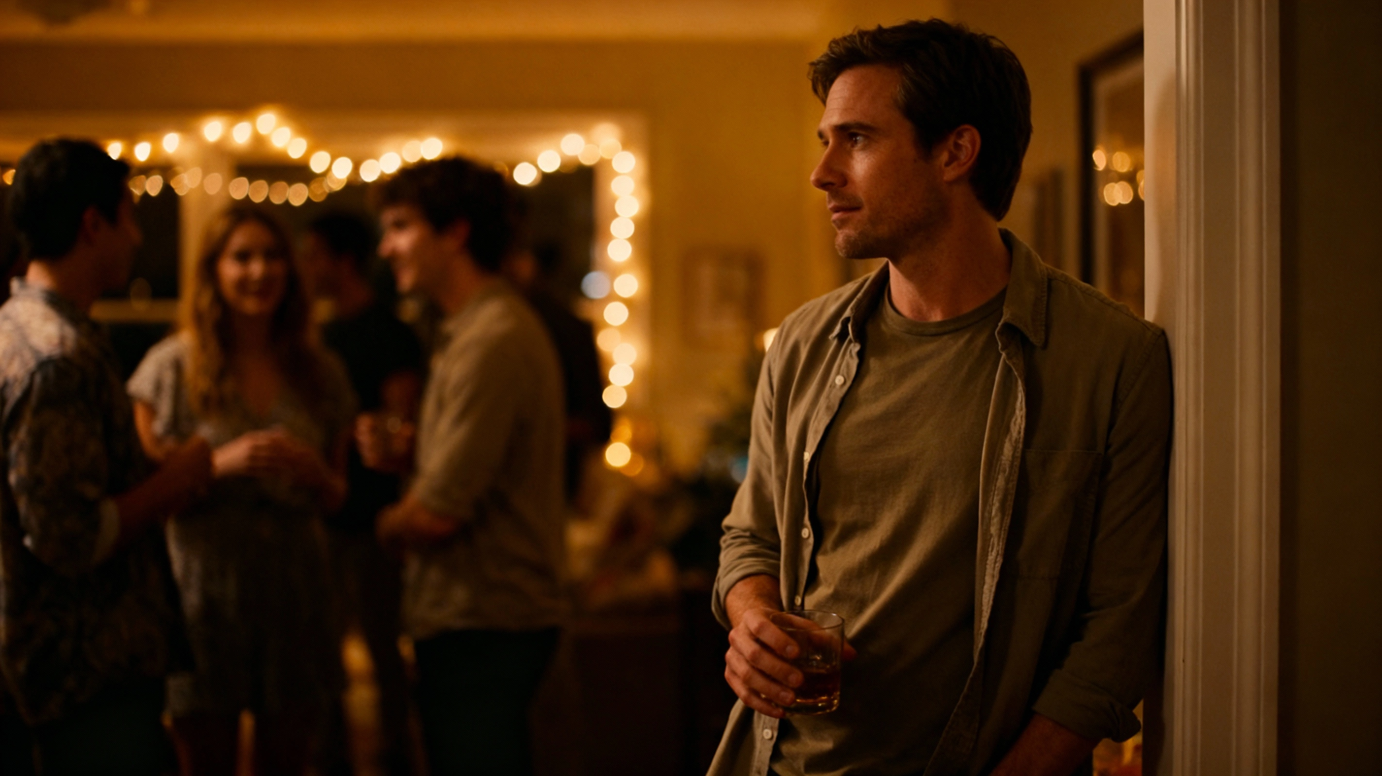 introvert party tips for men — calm man standing at the edge of a party with warm lights in the background