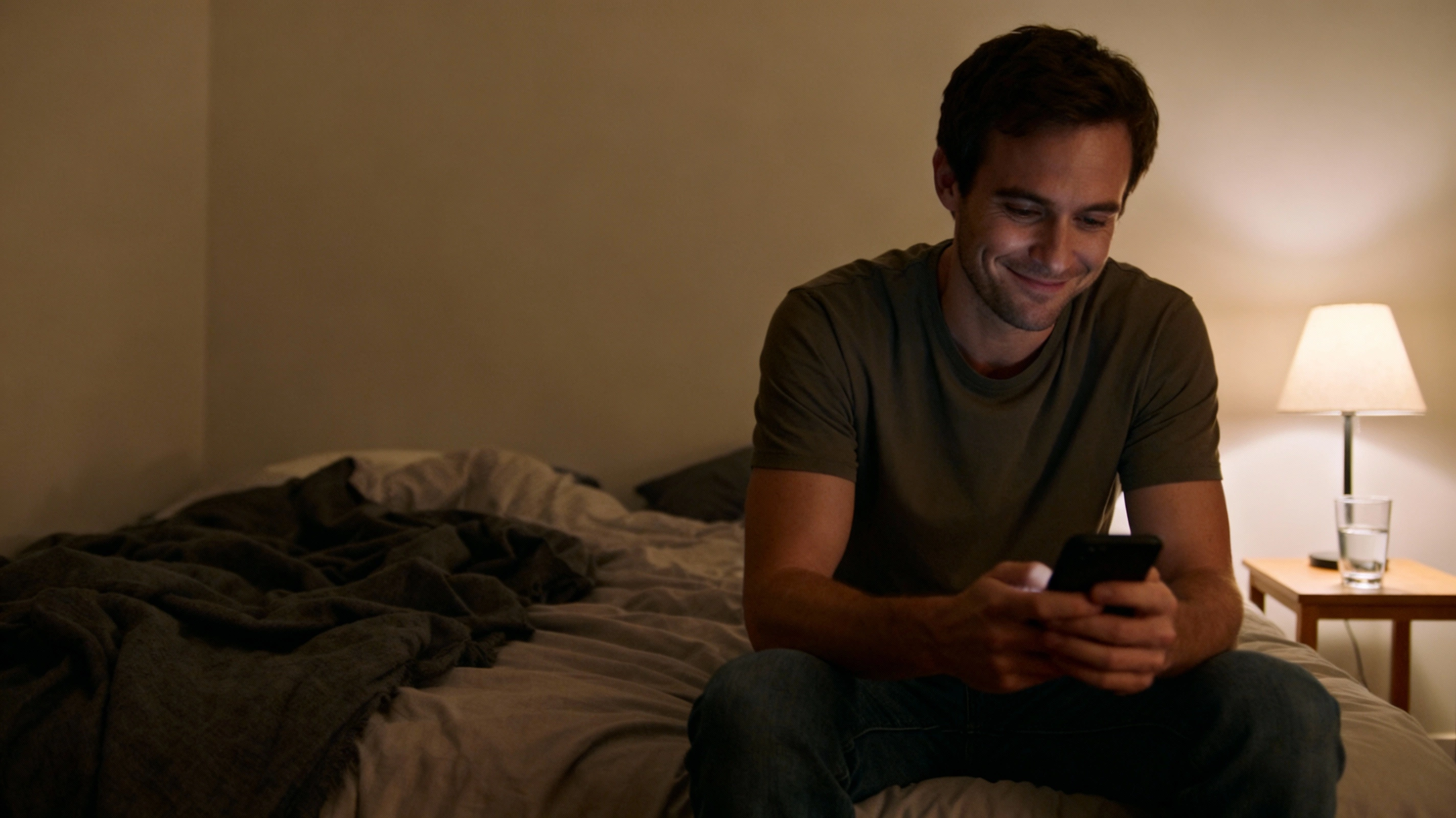 introvert man sitting on his bed after a party, texting a follow-up message on his phone in a calm room