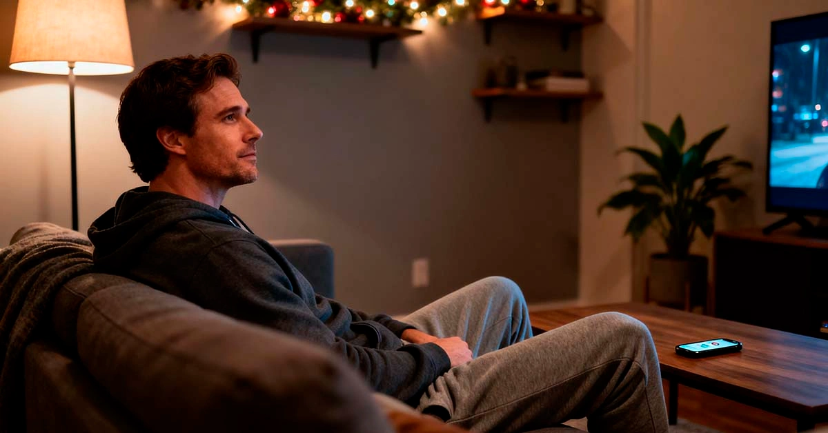 Holiday FOMO dating single men — calm single guy enjoying a cozy evening alone with warm lights instead of chasing parties