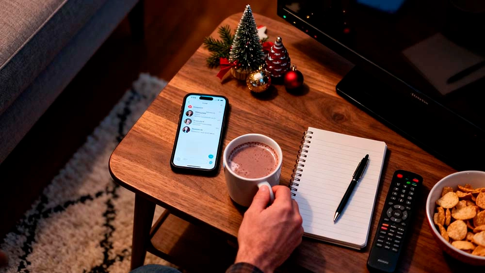 Single man with holiday FOMO turning off group chat notifications and setting up a cozy solo evening with snacks and a movie