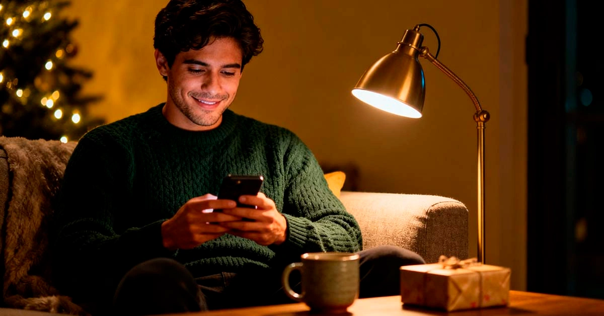 Christmas date invite text scripts for men christmas date invite text scripts — relaxed latino man texting a Christmas date invite on his phone in a cozy living room