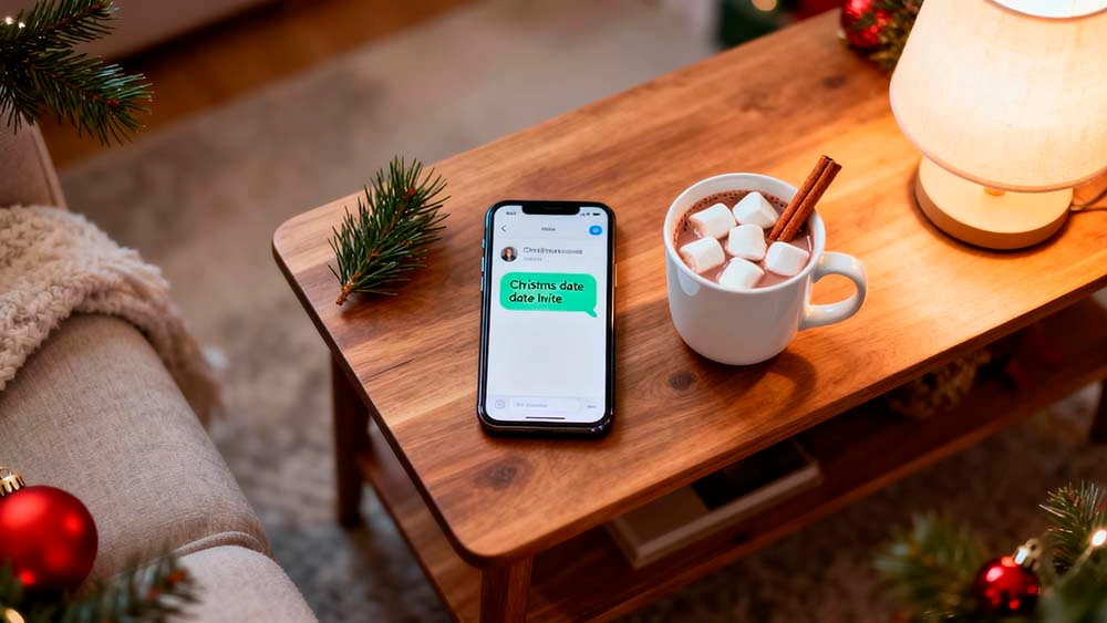Example of a calm Christmas date invite phone on a wooden table showing a simple christmas date invite text next to a mug of hot chocolate and small christmas decorations