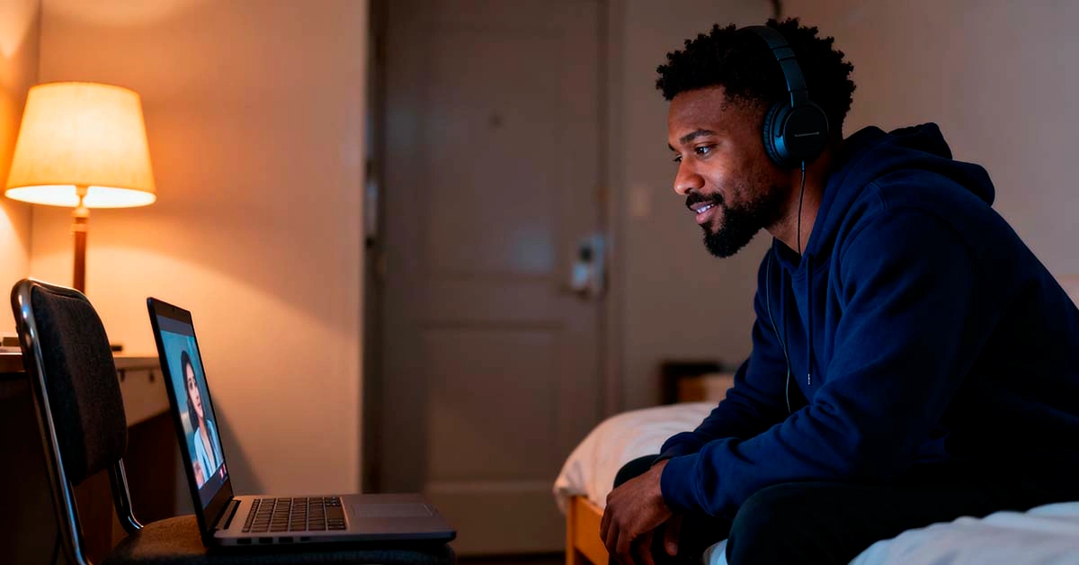 Quiet video call hacks at home for men in busy family houses quiet video call hacks at home — calm black man on a video date wearing headphones in a small bedroom while family noise is outside the door