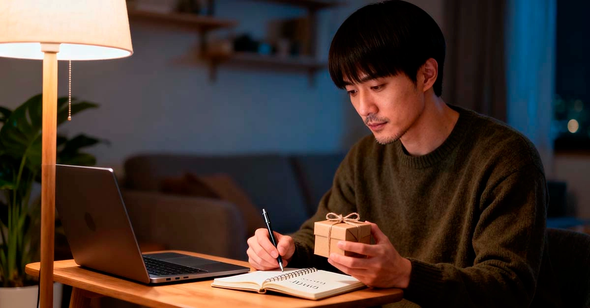 Budget dating gifts and money boundaries for men budget dating gifts and money boundaries — calm asian man checking his dating budget on a notebook while holding a small gift box