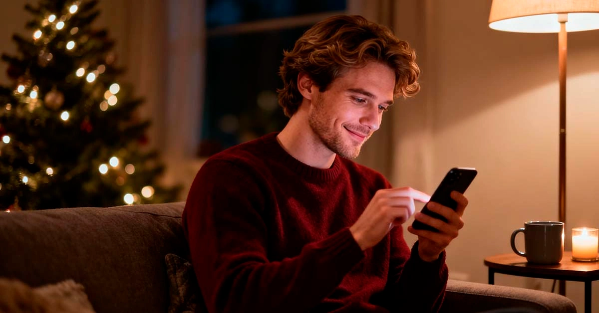 last minute christmas texts for her — relaxed white man sitting near a christmas tree typing a message on his phone