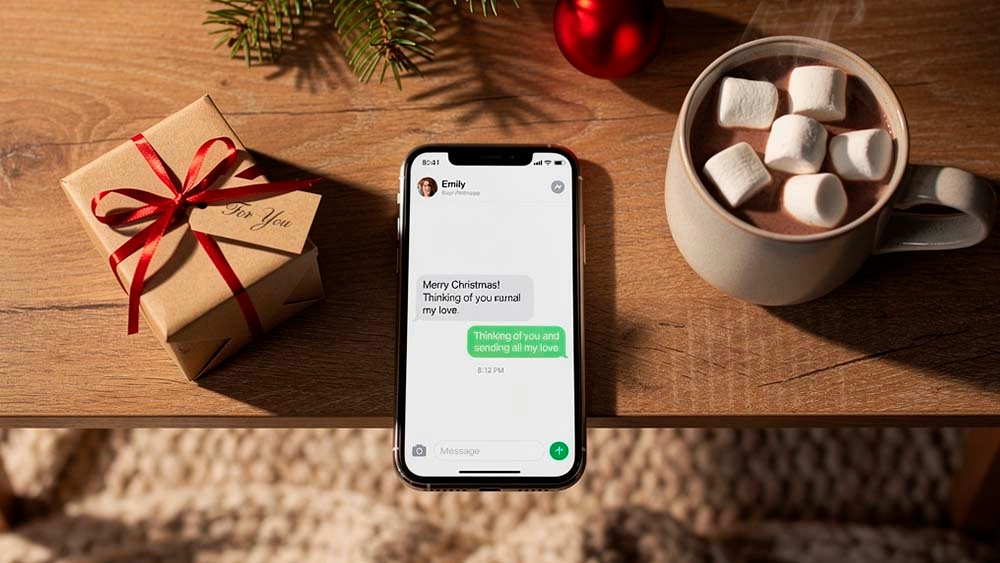 last minute christmas texts for her — phone on a wooden table showing a short warm christmas message next to a mug of hot chocolate and small decorations