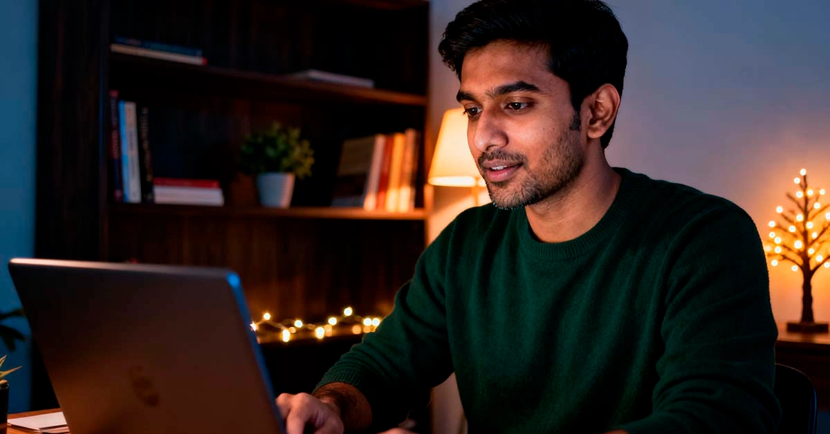 festive video call background for men — calm south asian man on a video call in front of a clean bookshelf, warm string lights and a small tree in the background