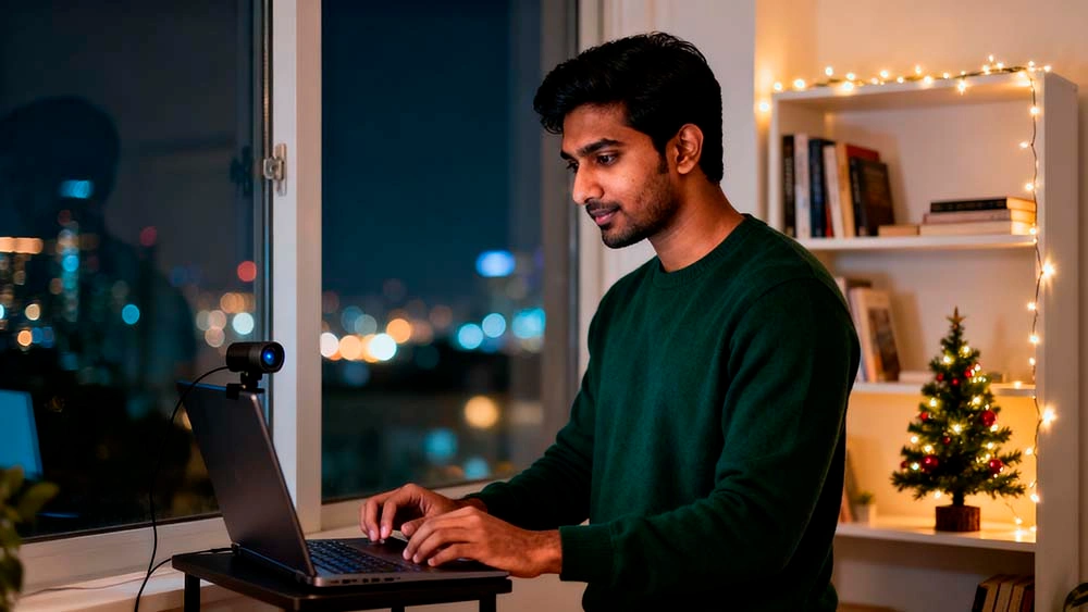 festive video call background for men — same south asian man standing near a window at night with warm lights and a small festive tree behind him