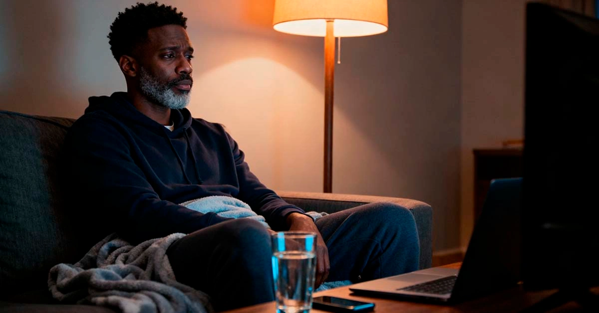 Social hangover recovery for men after busy parties social hangover recovery for men — tired black man sitting on a sofa at night with a blanket and glass of water, phone on the table in front of him