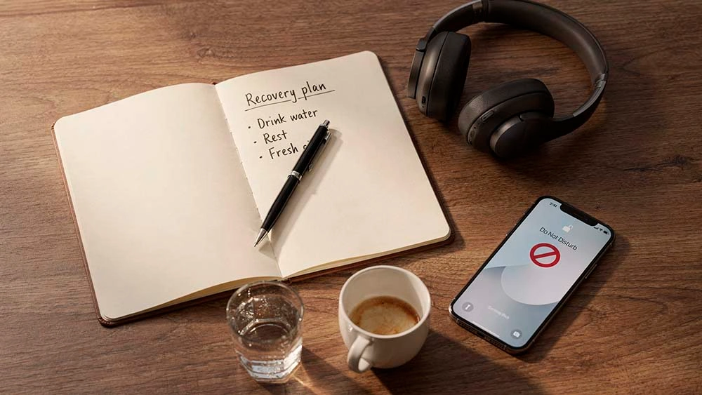 Writing a simple social hangover recovery plan for men social hangover recovery for men — top-down view of a notebook with a short recovery plan, headphones, phone and a glass of water on a wooden table