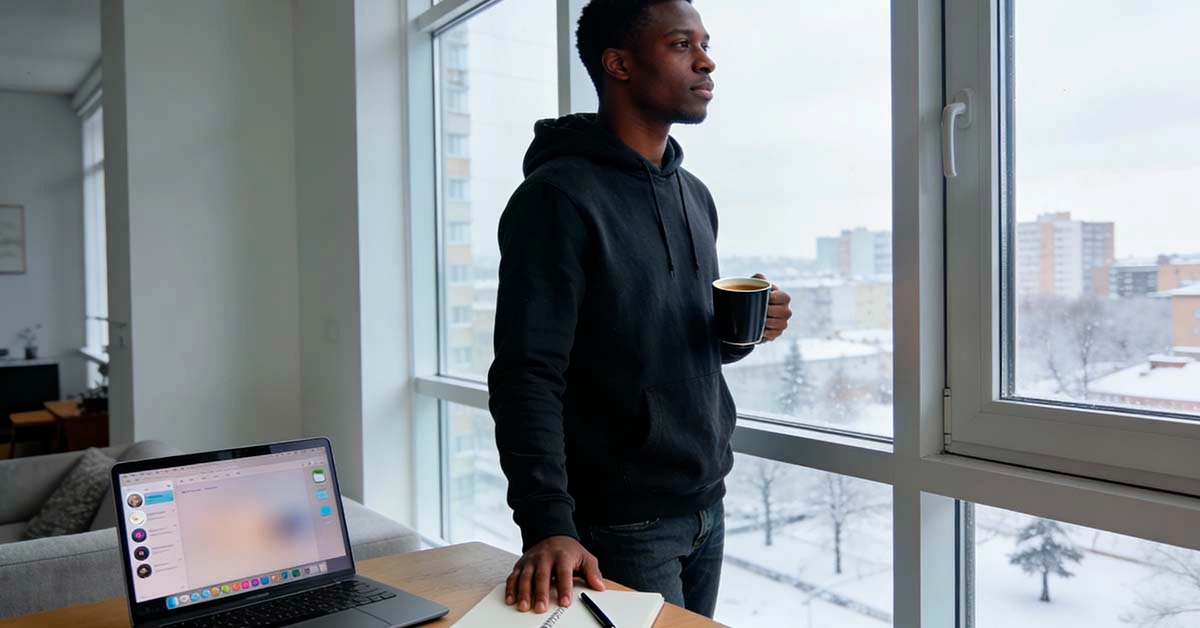 january dating reset for men — late 20s east asian man sitting at a desk at night reviewing chats on his laptop and making notes in a notebook