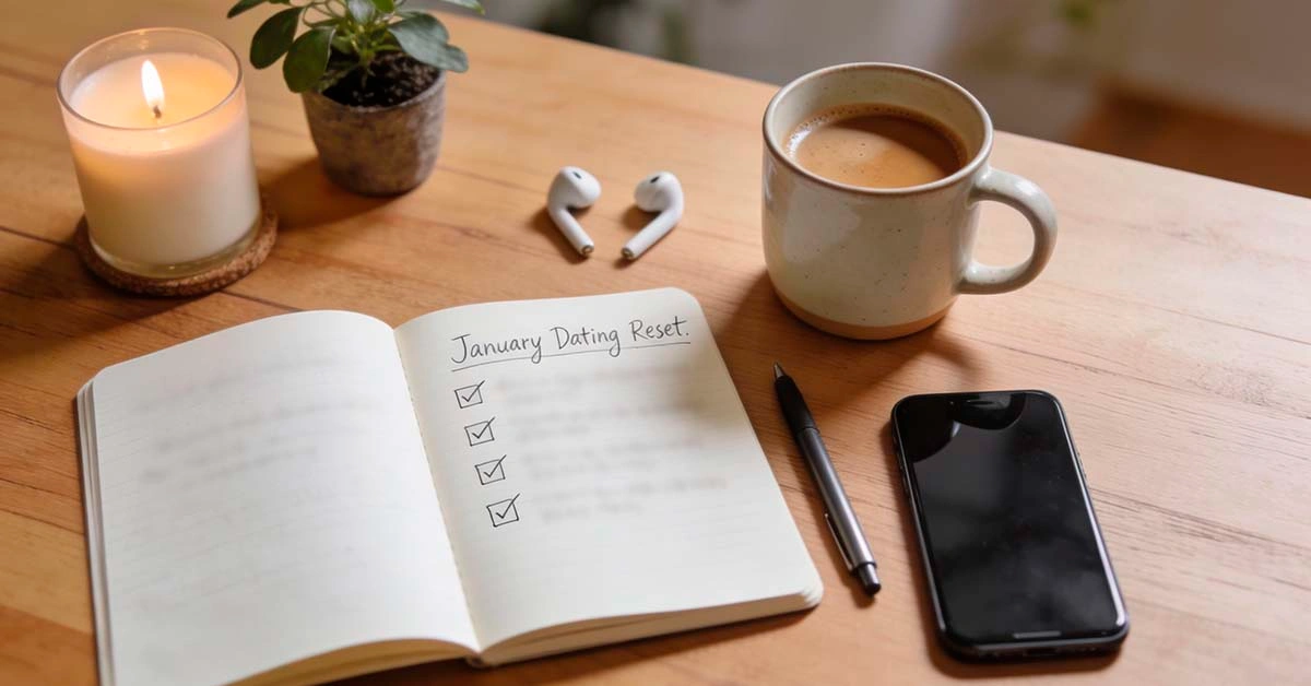 january dating reset for men — top-down view of a notebook with a short reset plan, phone with dating apps on the side and a cup of coffee