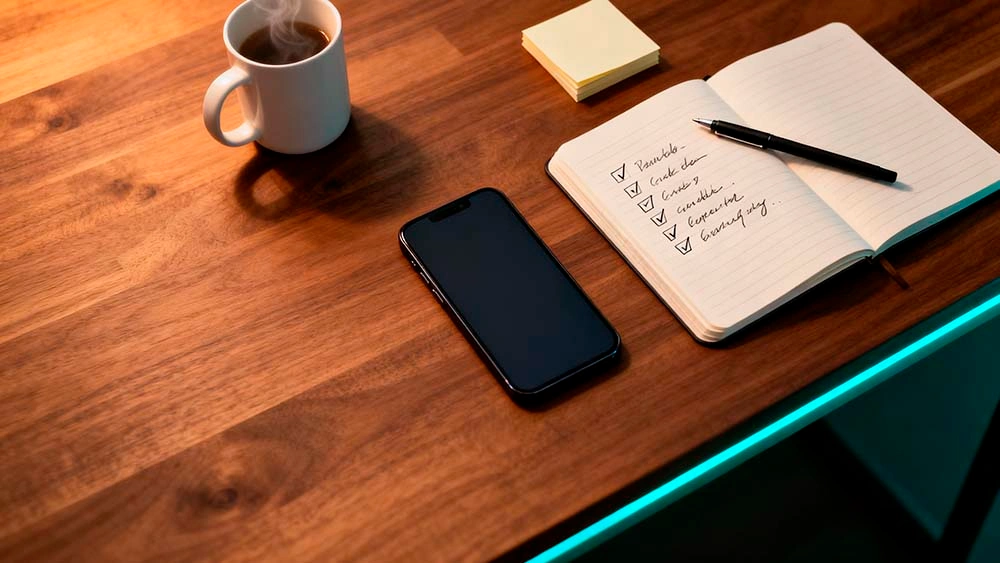dating app profile reset 2026 — top-down view of a phone with a refreshed dating profile grid next to a short checklist on paper