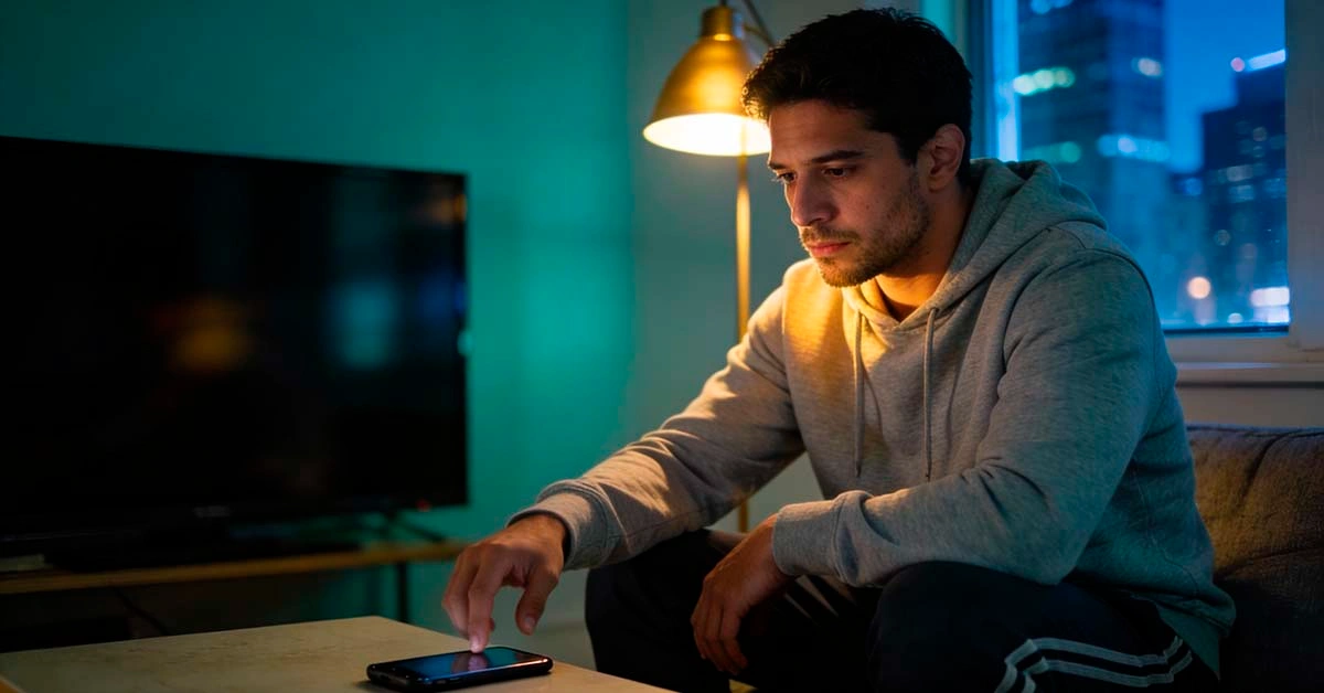 How to stop texting your ex in January without muting every feeling how to stop texting your ex in january — late 20s latino man sitting on a couch at night choosing not to reach for his phone